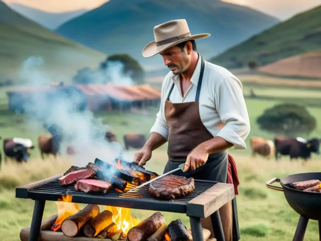 Un experimentado gaucho uruguayo cuida con maestría un asado tradicional en un entorno rural pintoresco