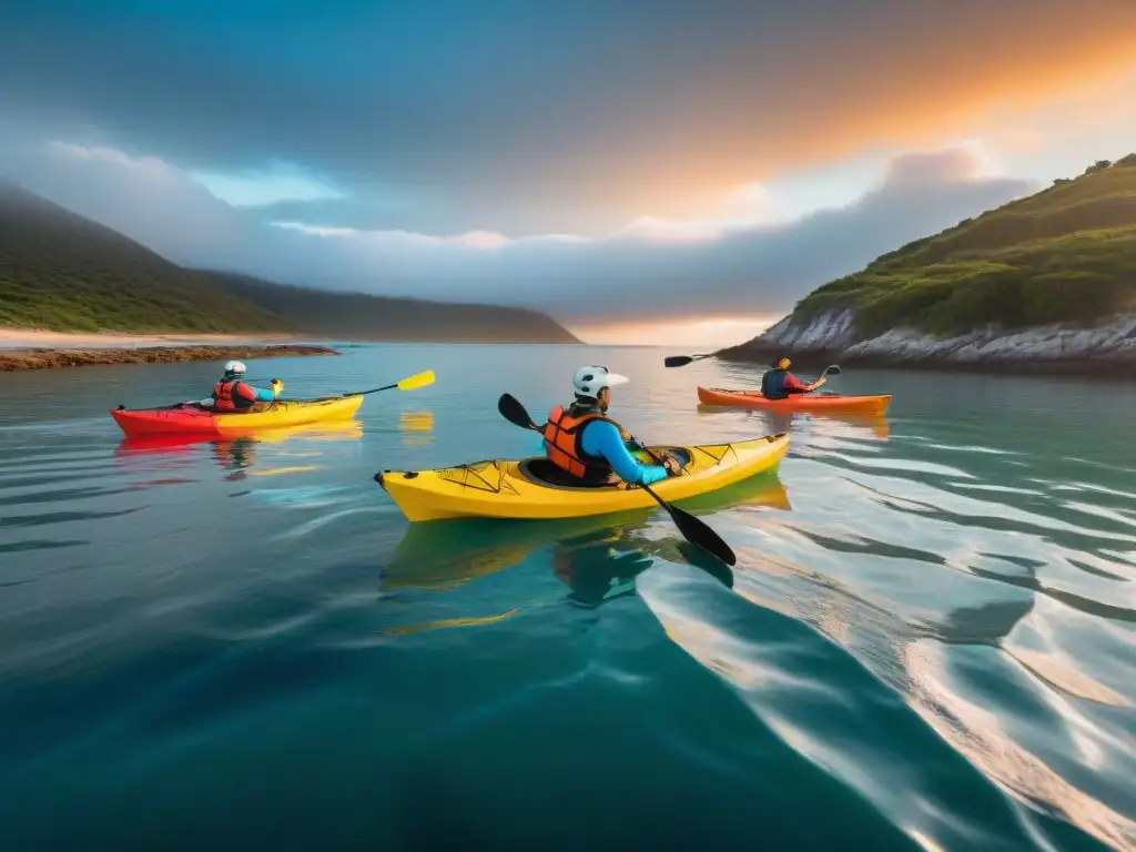 Experimentados kayakers en kayaks de colores brillantes surcando el mar en Uruguay al atardecer