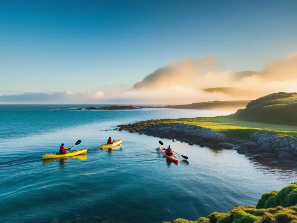 Experimentados kayaker exploran la costa de Uruguay al atardecer