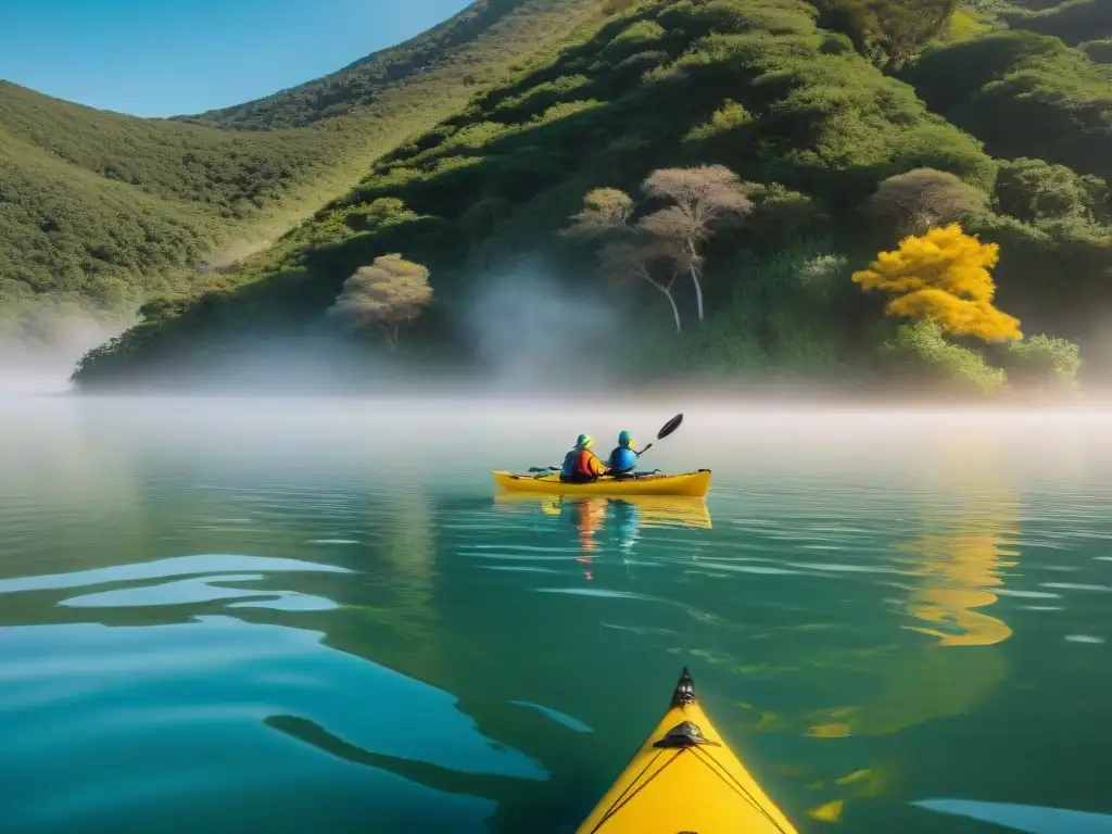 Experimentados kayakers navegan con gracia en aguas tranquilas de Laguna Garzón al amanecer