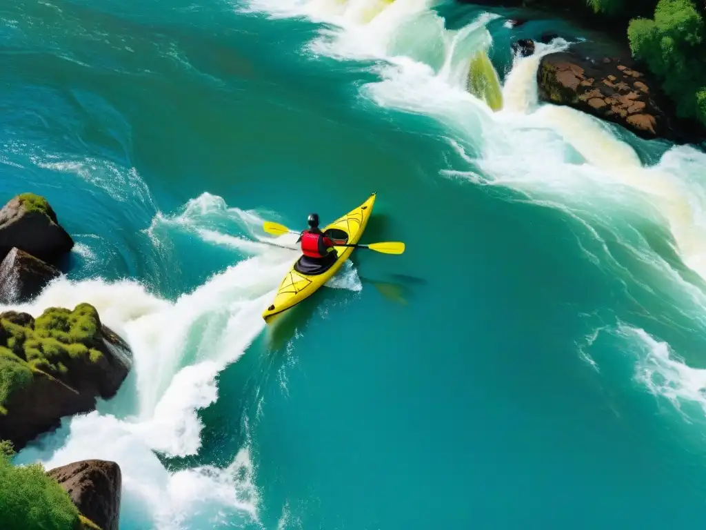 Experimentados kayakeros surcando rápidos desafiantes en Uruguay, capturando la emoción de eventos kayak Uruguay