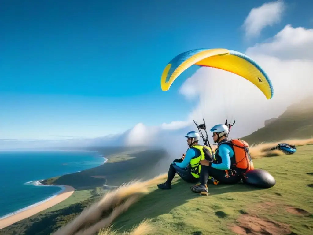 Experimentados parapentistas en Uruguay verifican equipo antes del despegue en acantilado con vista al mar