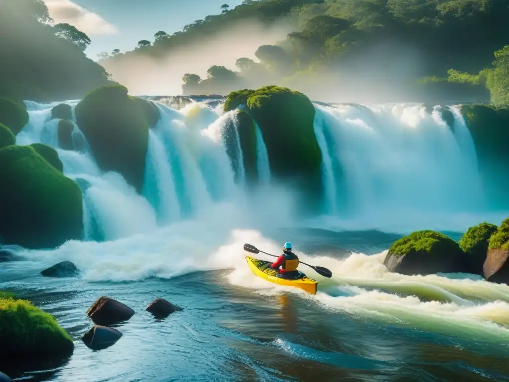 Experimentados kayaker surcando rutas avanzadas en kayak en Uruguay, desafiando rápidos en el Río Negro al atardecer