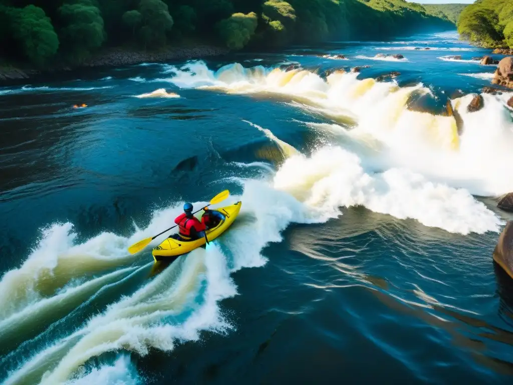 Experimentados kayakers surcando rutas avanzadas en kayak en el río Negro, Uruguay