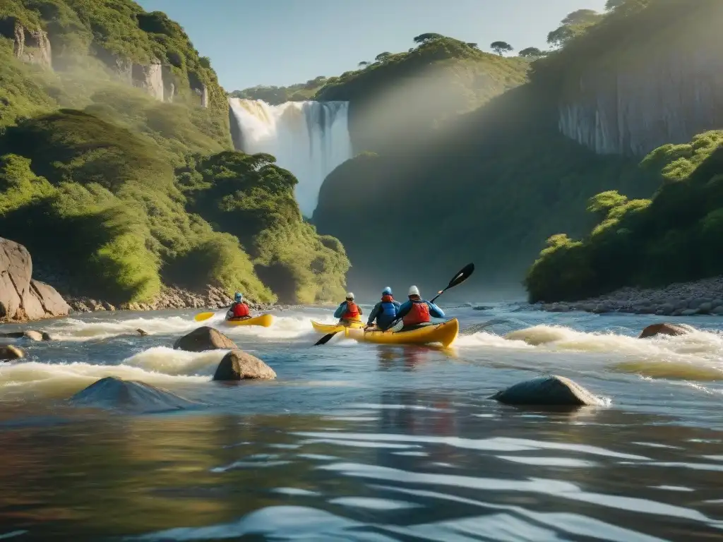 Experimentados kayakers conquistan rutas avanzadas en kayak Uruguay, desafiando un río rodeado de naturaleza exuberante y acantilados