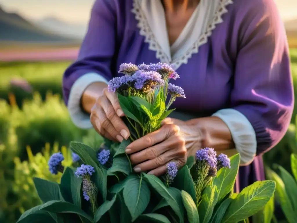 Experta en plantas medicinales Uruguay secretos recogiendo flores moradas en un campo verde, bajo cálido sol