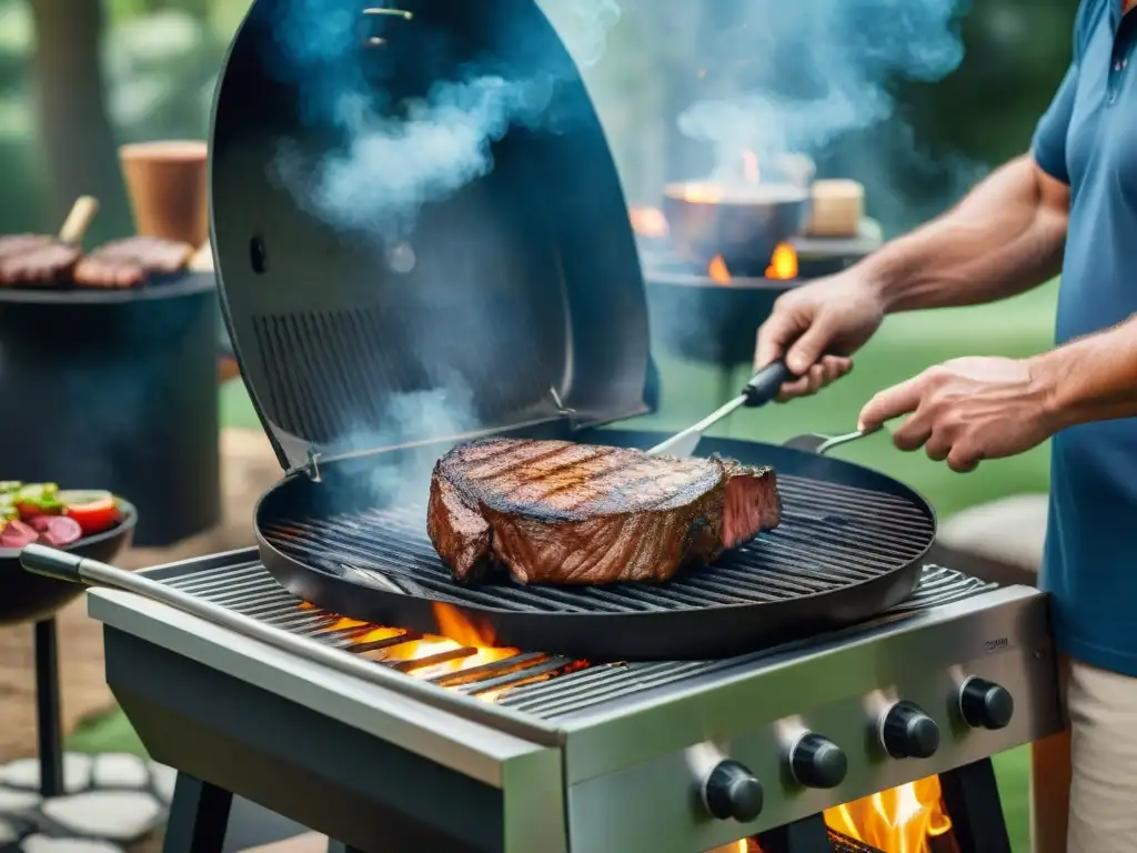 Un experto asador dando vuelta a suculentos filetes en la parrilla, rodeado de herramientas y condimentos