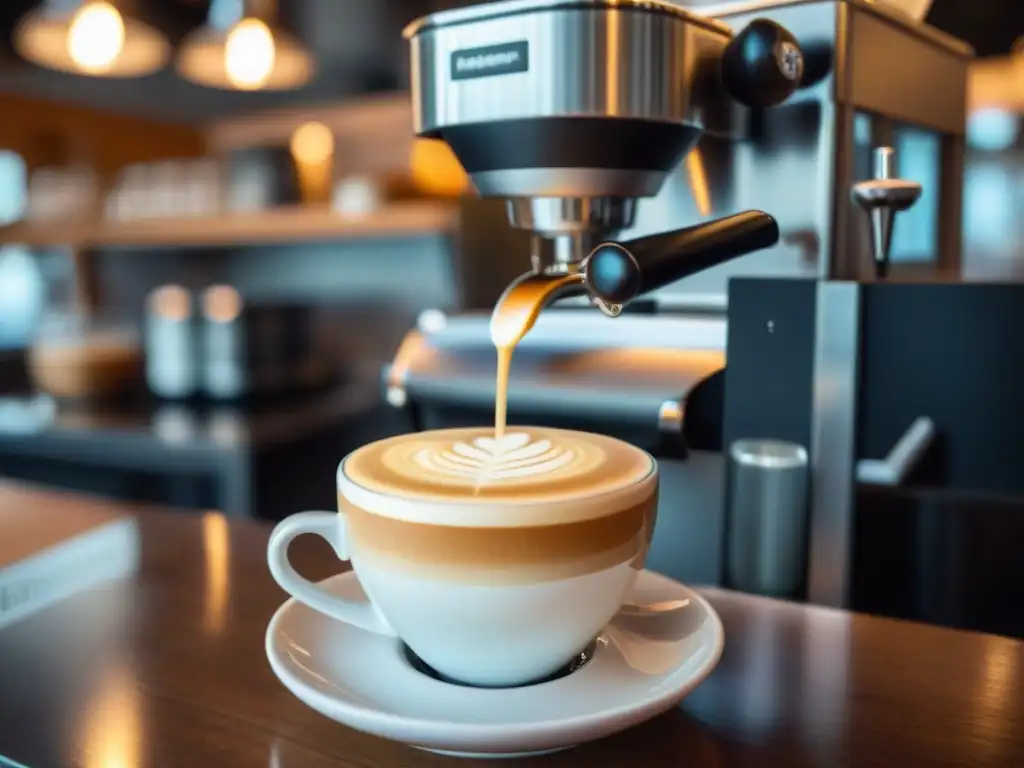 Un experto barista en Montevideo prepara un cappuccino con arte latte en una cafetería de especialidad