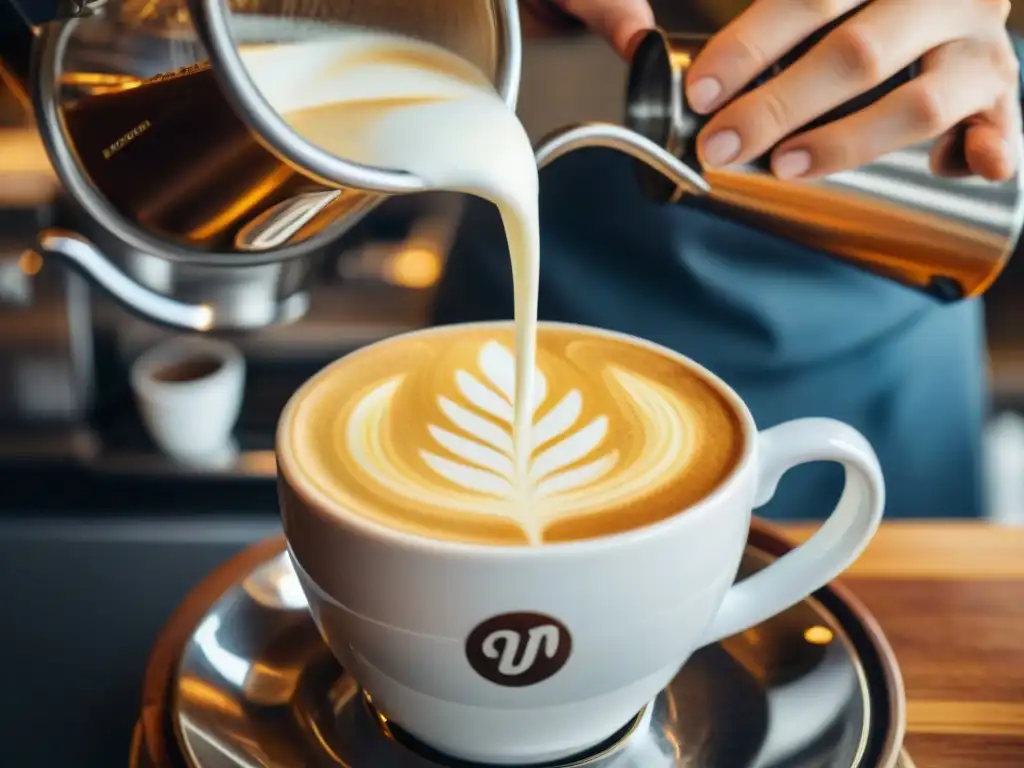 Un experto barista vierte con destreza leche espumada en un espresso, creando un delicado diseño de latte art de una hoja de café