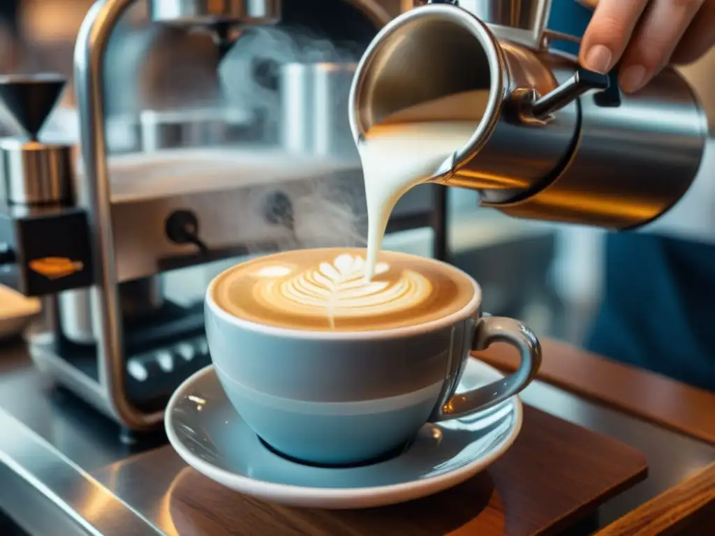 Un experto barista vierte leche vaporizada en un espresso perfectamente elaborado, creando un café con leche en la Ruta del café en Uruguay