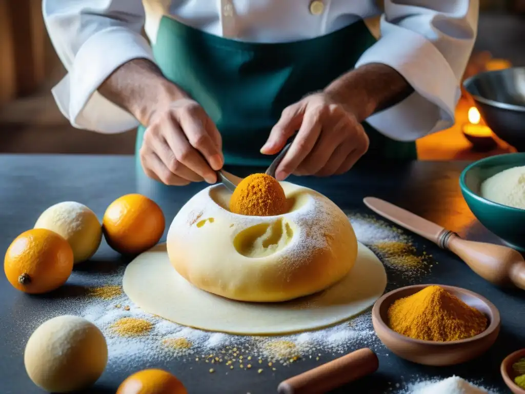 El experto chef moldea los Buñuelos de Semana Santa en Uruguay, rodeado de utensilios tradicionales y especias vibrantes