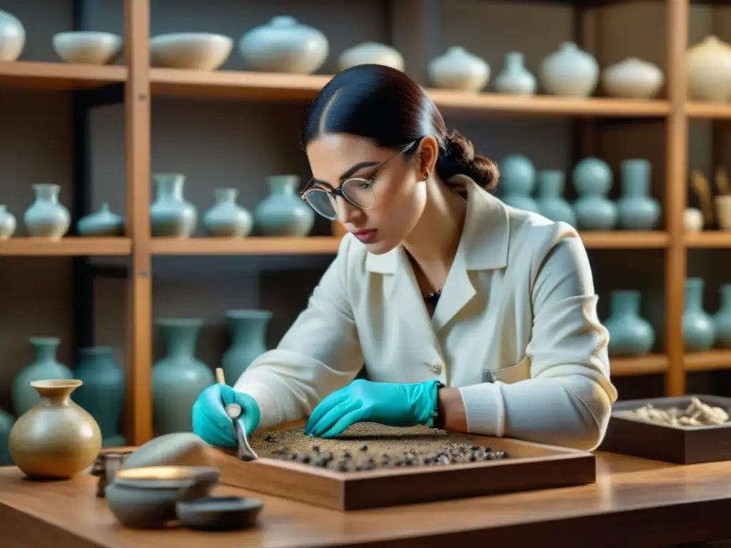 Experto en restauración cuidando con precisión un antiguo artefacto en museo, destacando la preservación del patrimonio cultural uruguayo