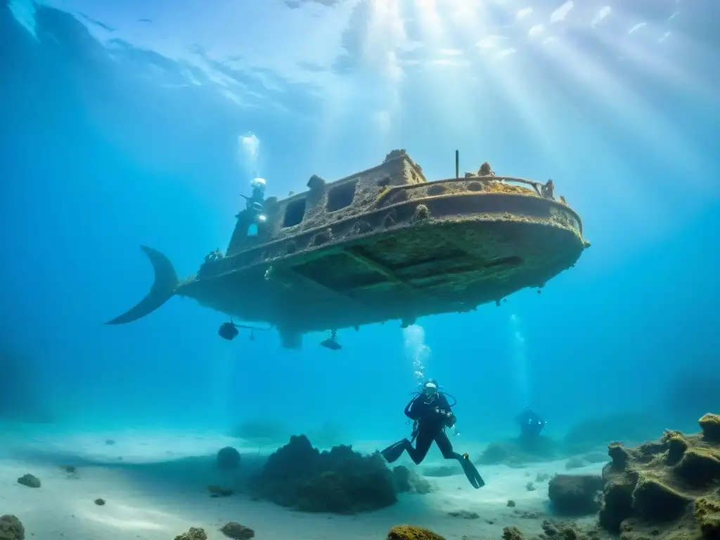 Exploración de un barco hundido en aguas cristalinas de Uruguay por arqueólogos submarinos, revelando secretos de sitios arqueológicos sumergidos