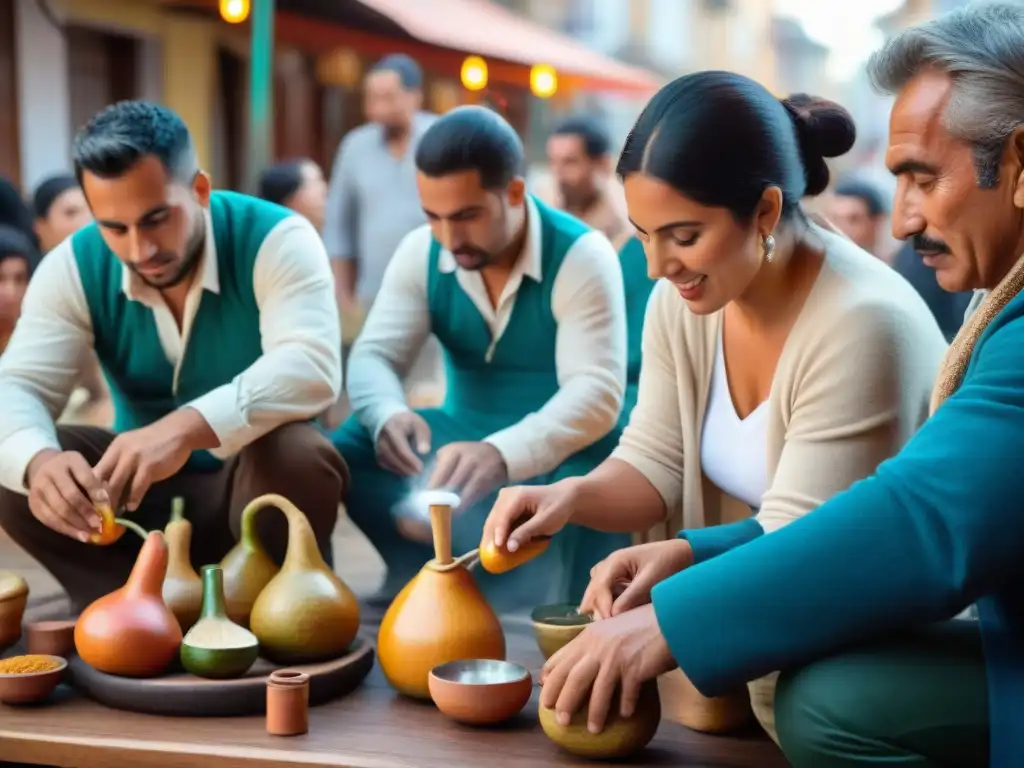 Exploración cultural en Uruguay: Grupo diverso disfruta de la ceremonia del mate en un mercado vibrante de Montevideo