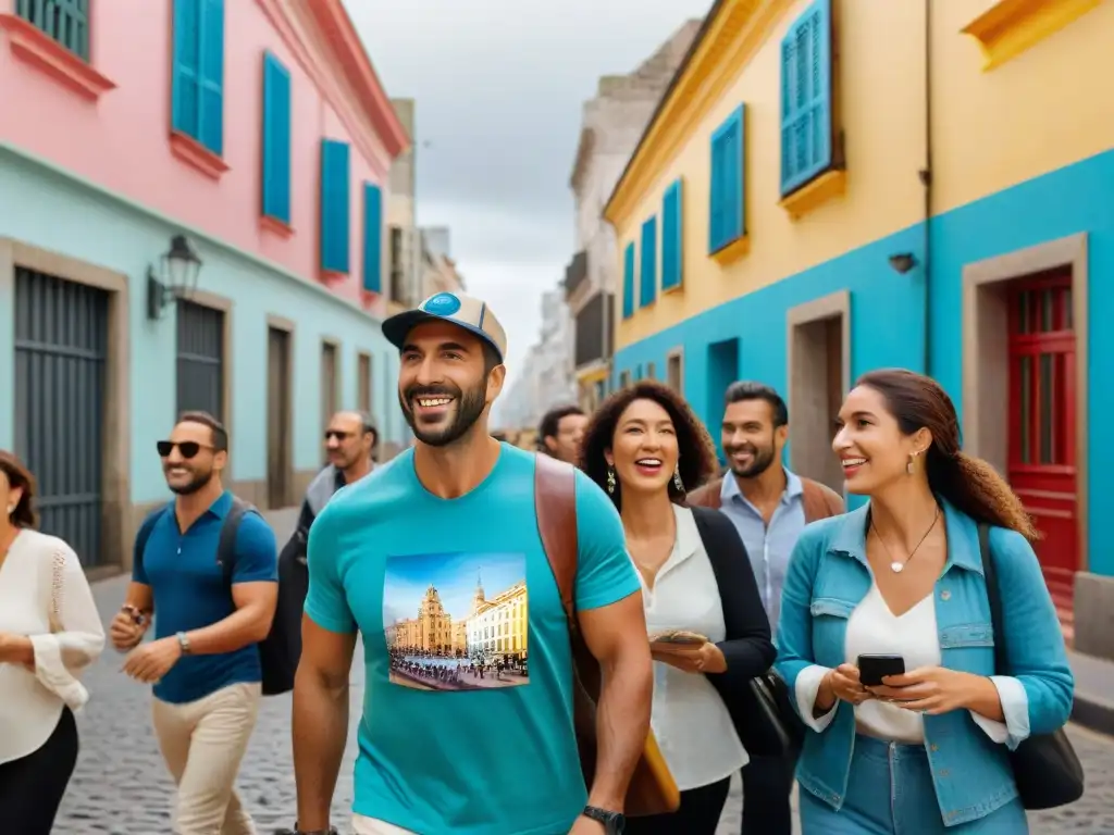 Exploración cultural en Uruguay: Grupo de viajeros sigue entusiasmado a guía turístico por calles históricas de Montevideo