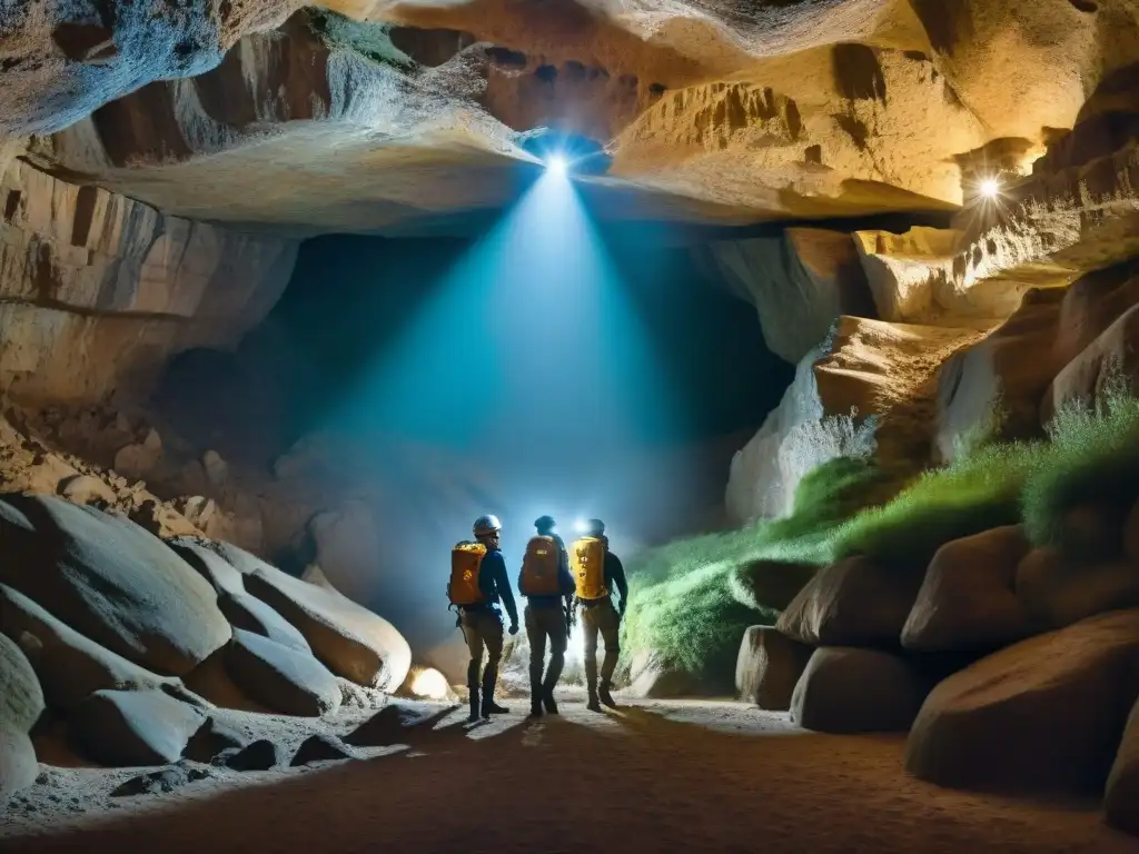 Exploración en las Grutas de Salamanca: exploradores con linternas en cueva mística de Uruguay