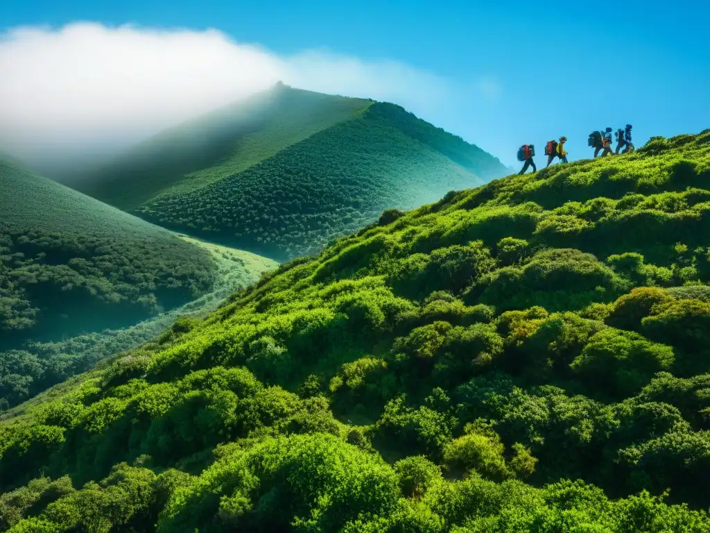 Exploración responsable en Uruguay: grupo de excursionistas recorriendo colinas verdes con vida silvestre