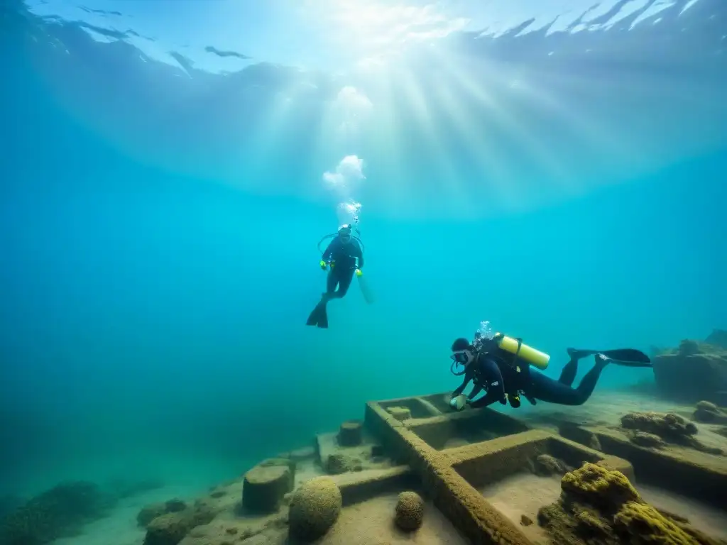 Exploración de sitios arqueológicos sumergidos en Uruguay: equipo de arqueólogos submarinos excavando ruinas rodeados de vida marina