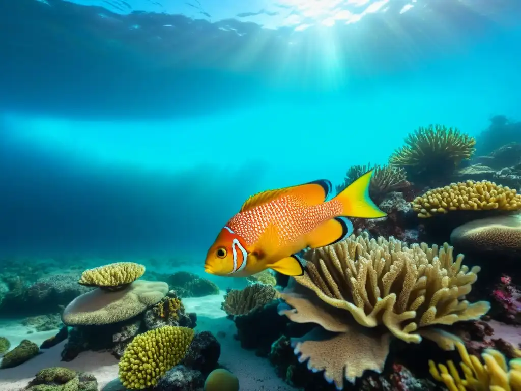 Exploración subacuática en arrecife de coral lleno de peces coloridos en aguas cristalinas de Uruguay