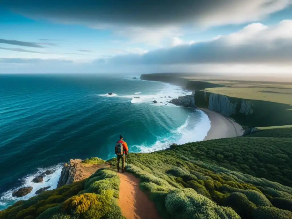 Explorador en acantilado de Uruguay, mirando al horizonte