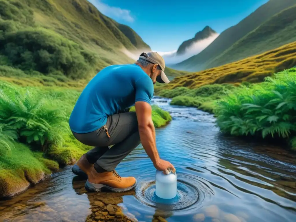 Explorador purificando agua en arroyo uruguayo con filtro de alta tecnología