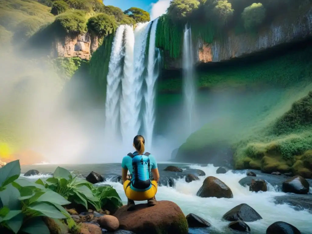 Explorador llenando botella con filtro agua portátil en cascada de Uruguay