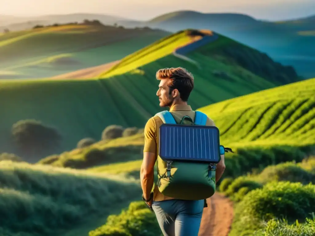 Explorador con cargador solar en mochila en paisaje de Uruguay