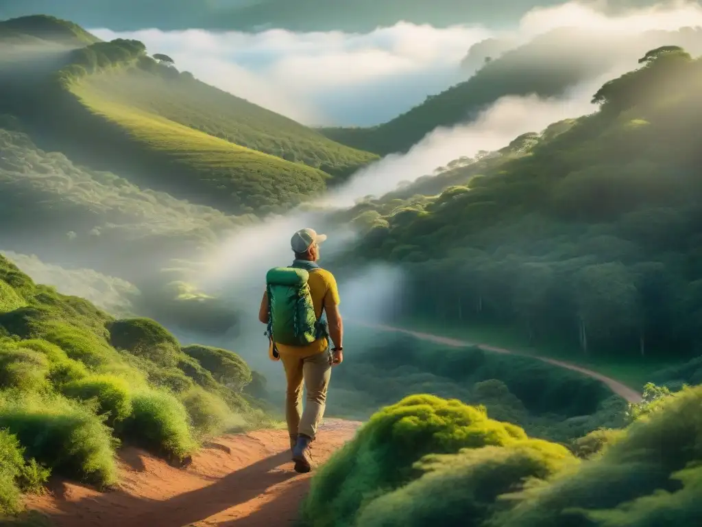 Explorador en Cerro Largo con mapa senderos Uruguay aventureros entre bosques y colinas vibrantes