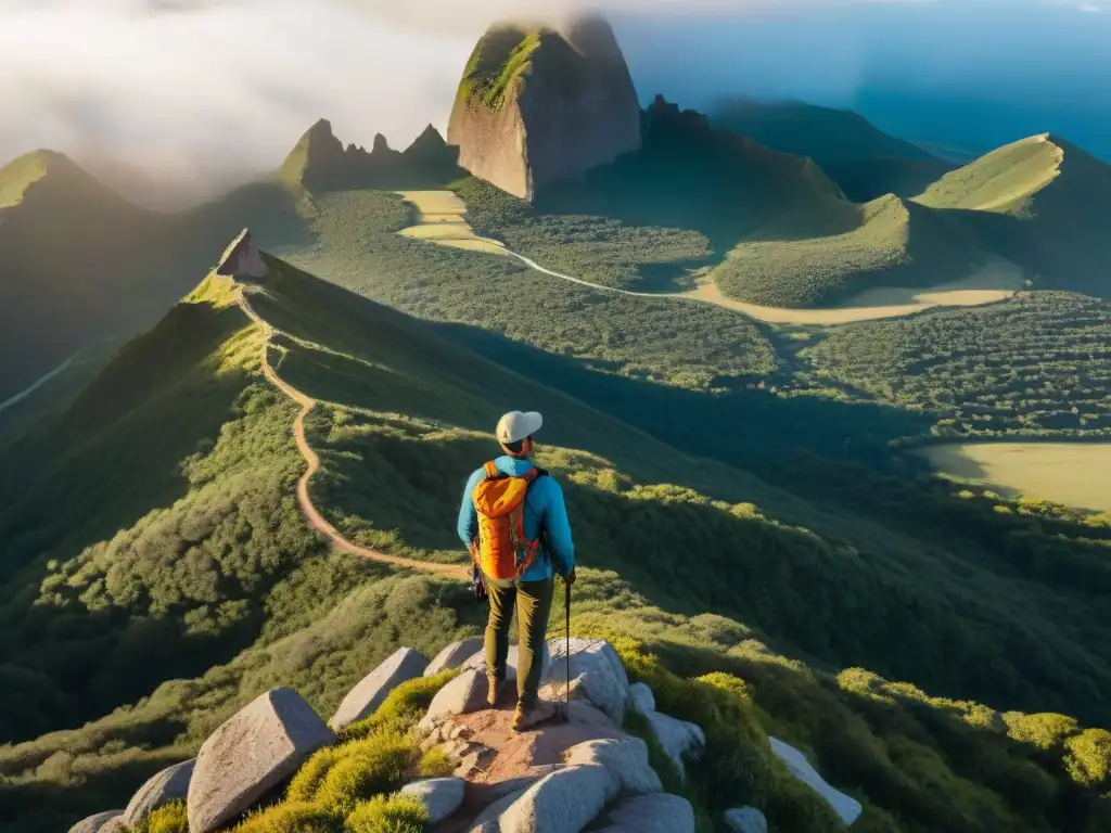 Explorador en Cerro Catedral, mirando mapas senderos Uruguay aventureros