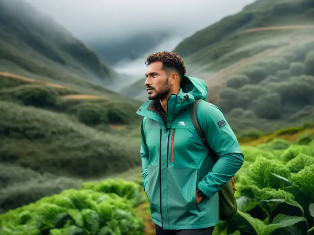 Explorador con chaqueta impermeable en paisaje lluvioso de Uruguay