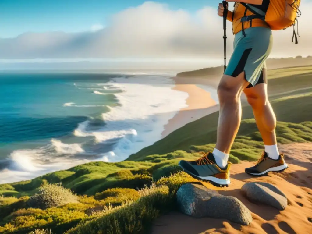 Explorador caminando por la costa de Punta del Este en Uruguay con un podómetro, en un atardecer dorado