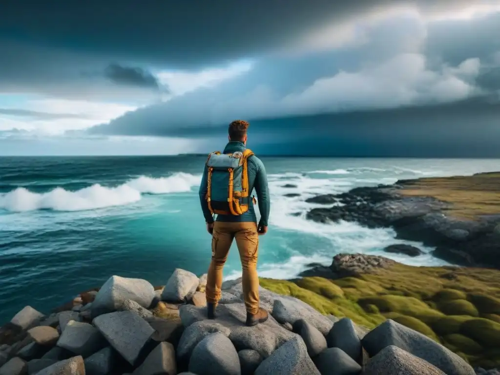 Explorador en equipamiento de supervivencia aventura Uruguay, junto al mar en un cielo dramático