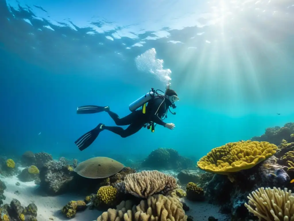 Exploración submarina en arrecifes de coral de Uruguay Explorador marino seguro buceo costas Uruguay: un buceador admirando arrecifes de coral y vida marina colorida