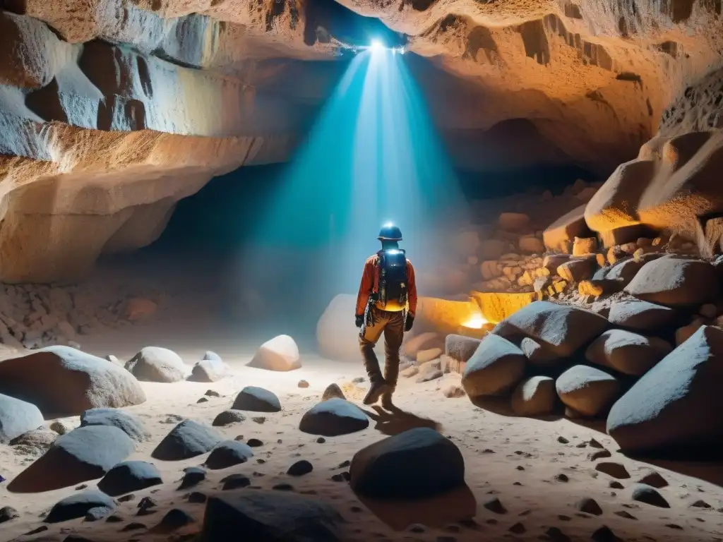 Explorador con la mejores luces cabeza cuevas Uruguay iluminando formaciones rocosas en un ambiente misterioso