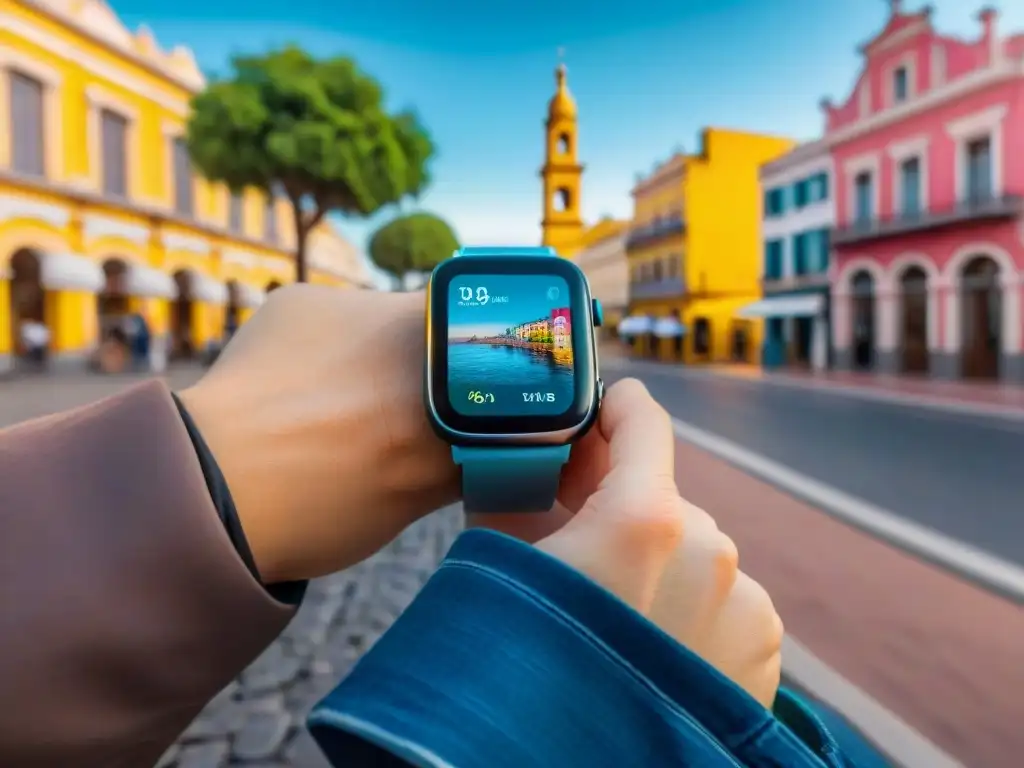 Explorador con smartwatch en Montevideo, Uruguay, fusionando lo moderno con lo tradicional