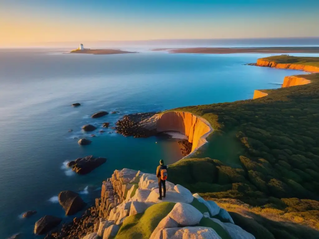 Explorador solitario en acantilado de Punta del Este, Uruguay al atardecer