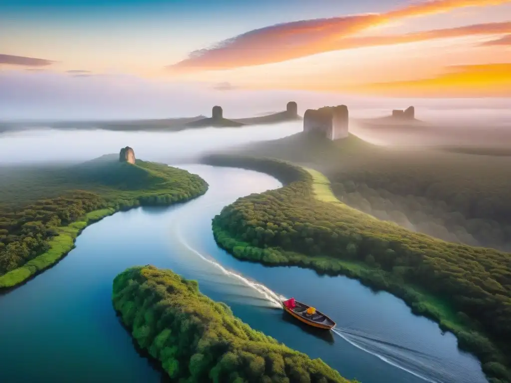 Un explorador solitario navega un río en un paisaje uruguayo impresionante al atardecer