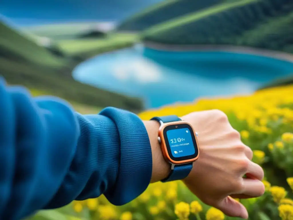Aventura tecnológica: smartwatch en paisajes de Uruguay Explorador en Uruguay con smartwatch integrando tecnología wearable en aventura