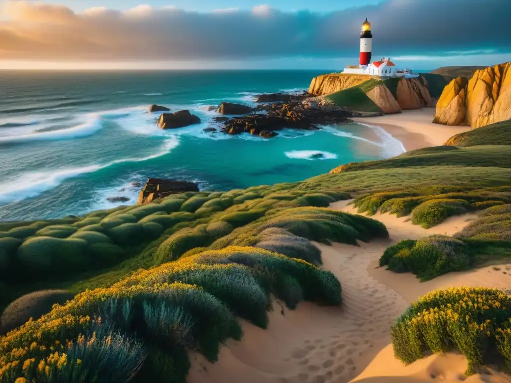 Exploradores disfrutan del atardecer en Cabo Polonio, Uruguay, con el emblemático faro iluminando el paisaje