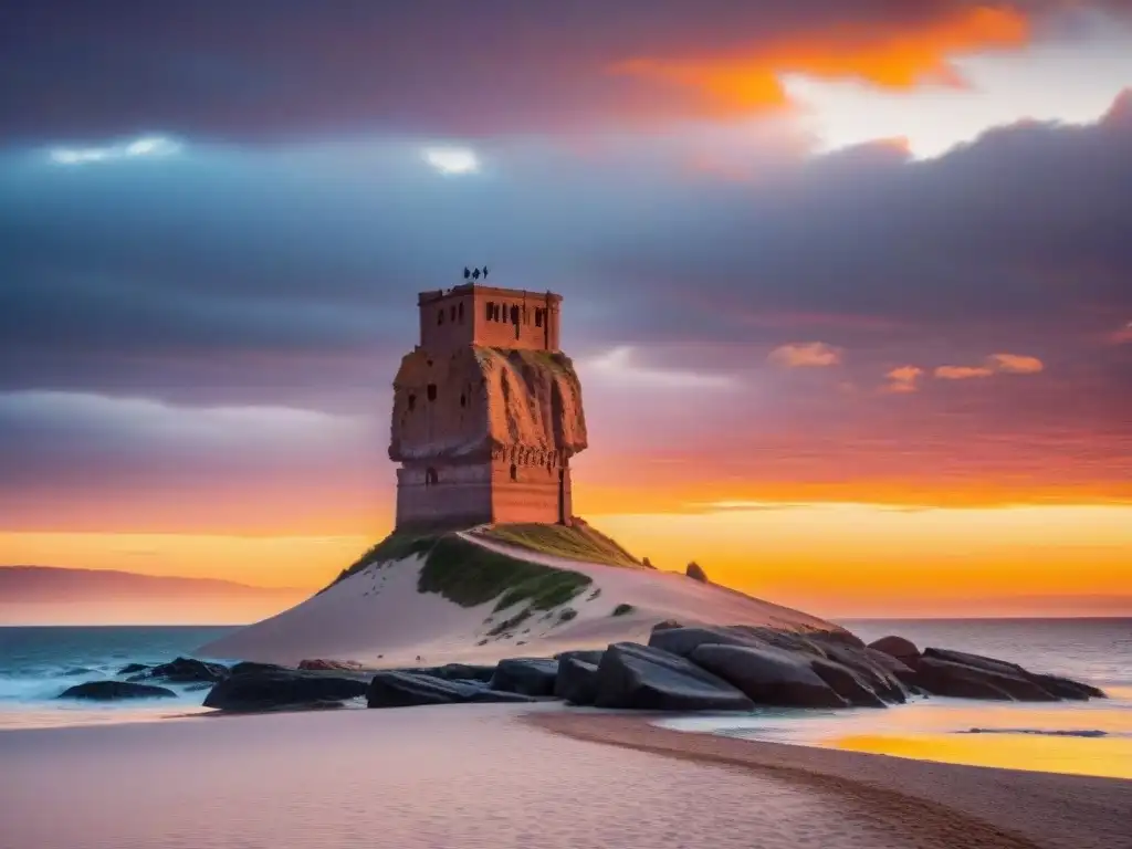 Exploradores disfrutan de un atardecer en La Mano de Punta del Este en Uruguay, ideal para aplicaciones para viajar en Uruguay