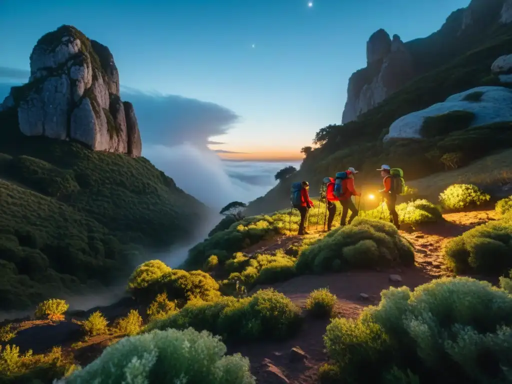 Exploradores en aventura nocturna Quebrada Cuervos Uruguay, iluminados por headlamps bajo un cielo estrellado