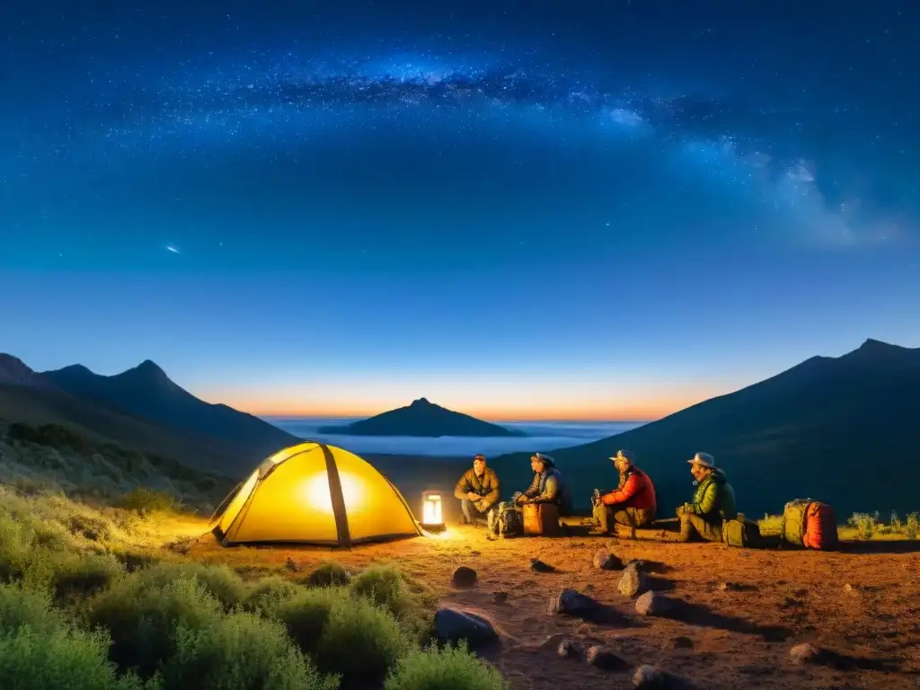 Exploradores en campamento con dispositivos de comunicación satelital en aventuras remotas