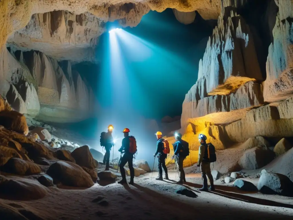 Exploradores con cascos y linternas en cueva uruguaya, destacando formaciones rocosas con sus luces cabeza