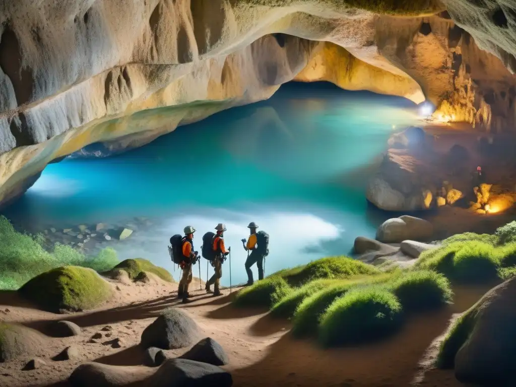 Exploradores con cascos y linternas exploran las Grutas Salamanca en Uruguay, entre estalactitas y estalagmitas