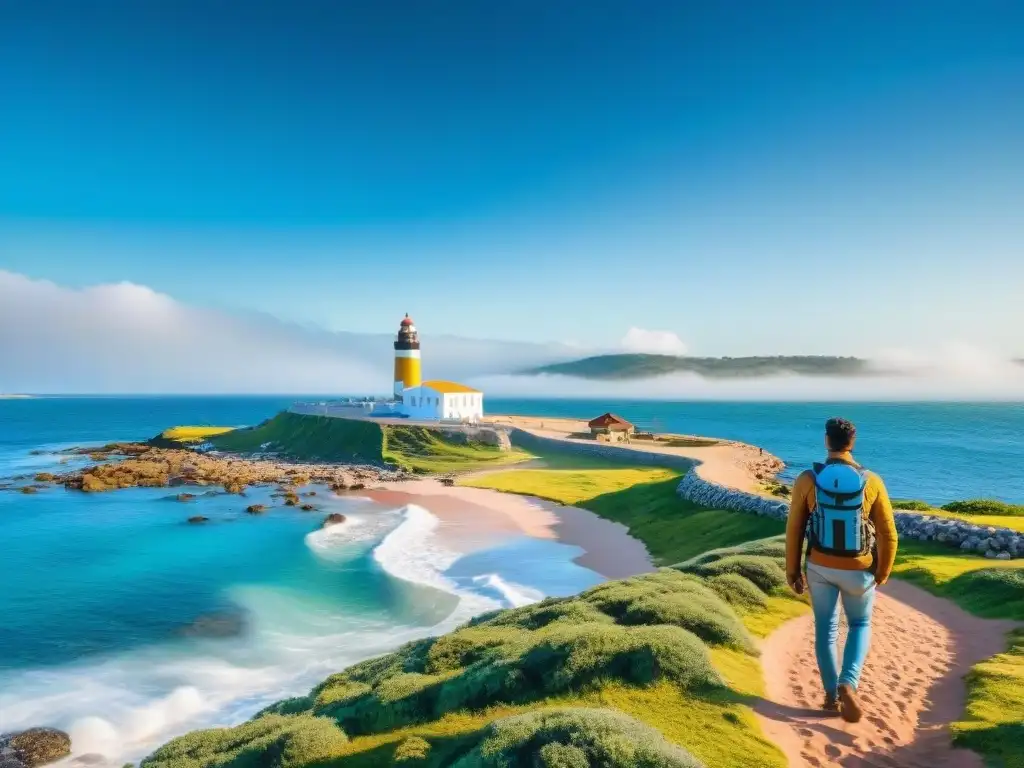 Exploradores admirando la costa de Uruguay con Punta del Este al fondo, transmitiendo seguridad y beneficios del seguro de viaje en Uruguay