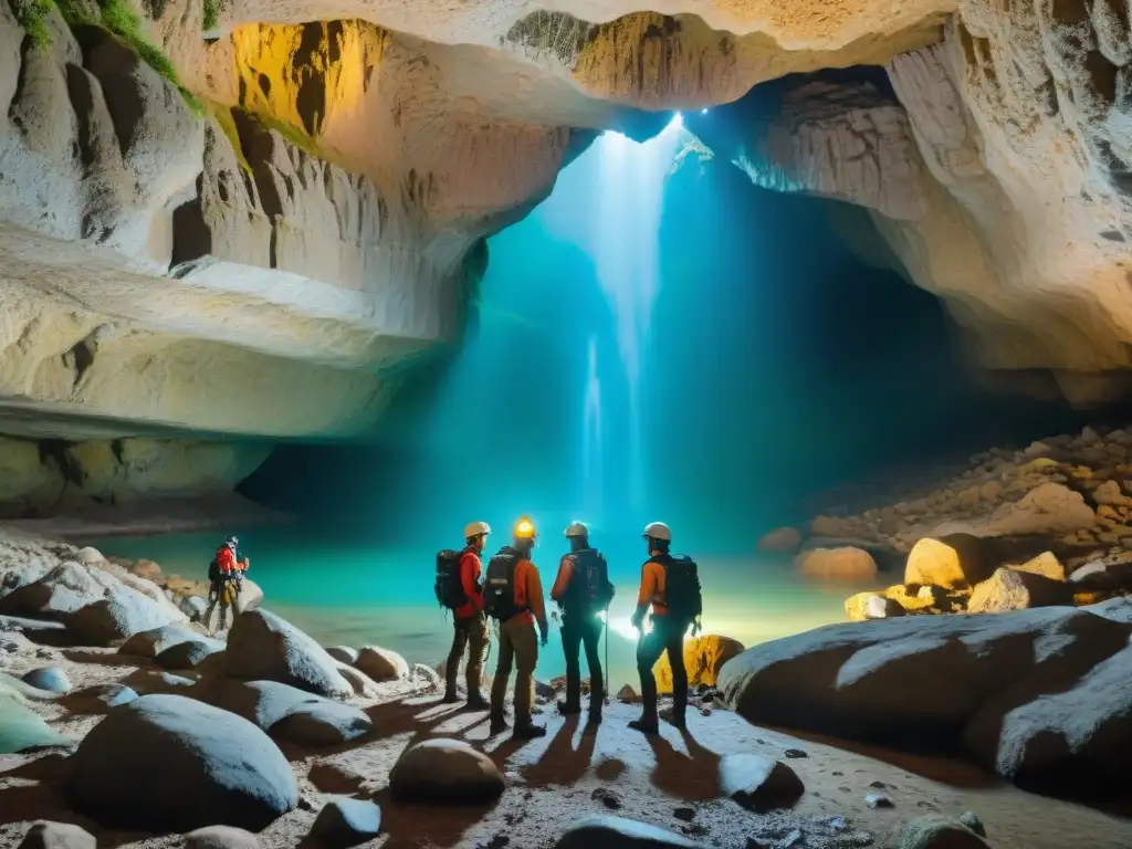 Exploradores en cueva subterránea de Uruguay, iluminando estalactitas y estalagmitas con linternas