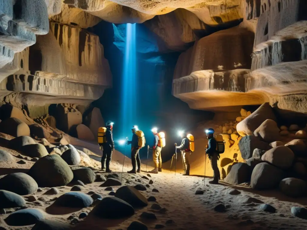 Exploradores en Grutas de Salamanca, Uruguay, iluminando formaciones de sal en un mundo subterráneo de misterio