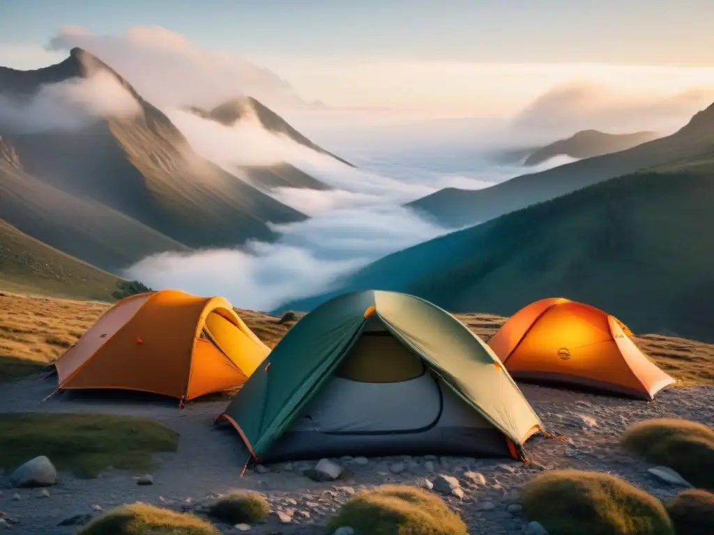 Exploradores prueban innovaciones sacos dormir colchonetas en majestuoso amanecer de montaña