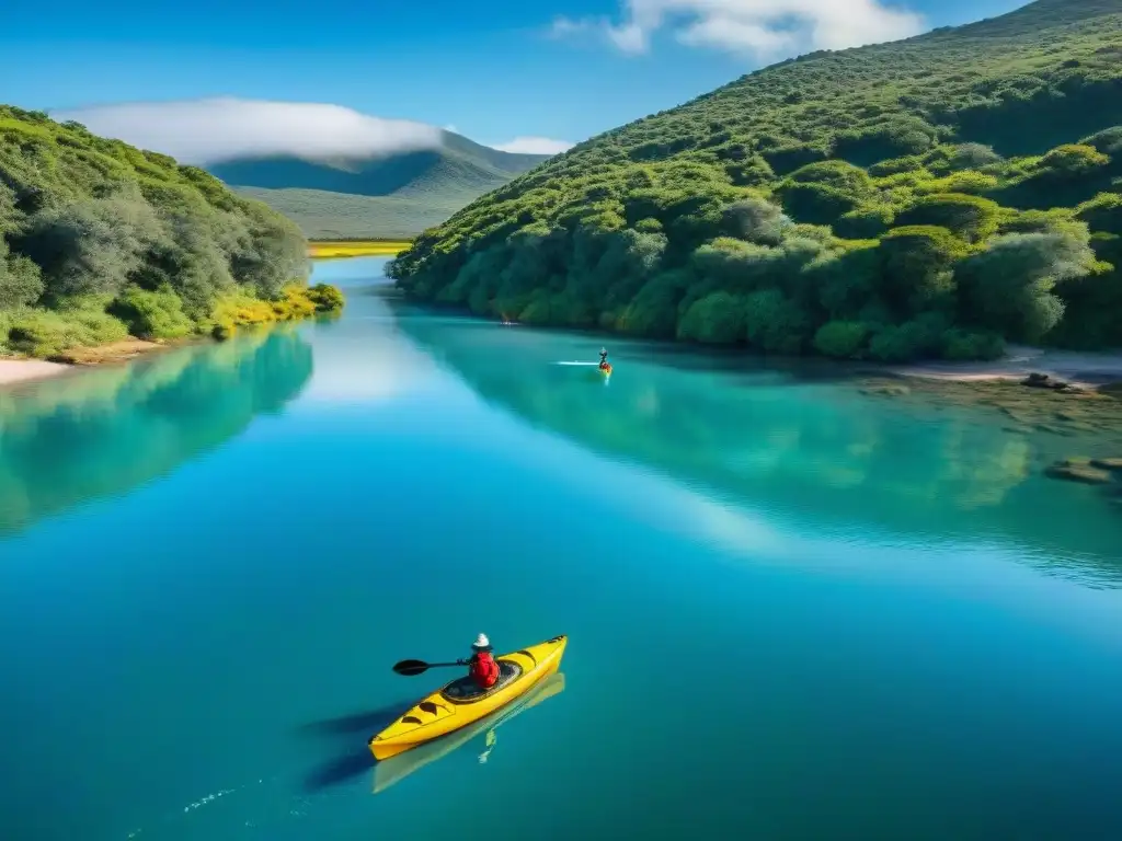 Exploradores remando en kayaks en Laguna Garzón, Uruguay