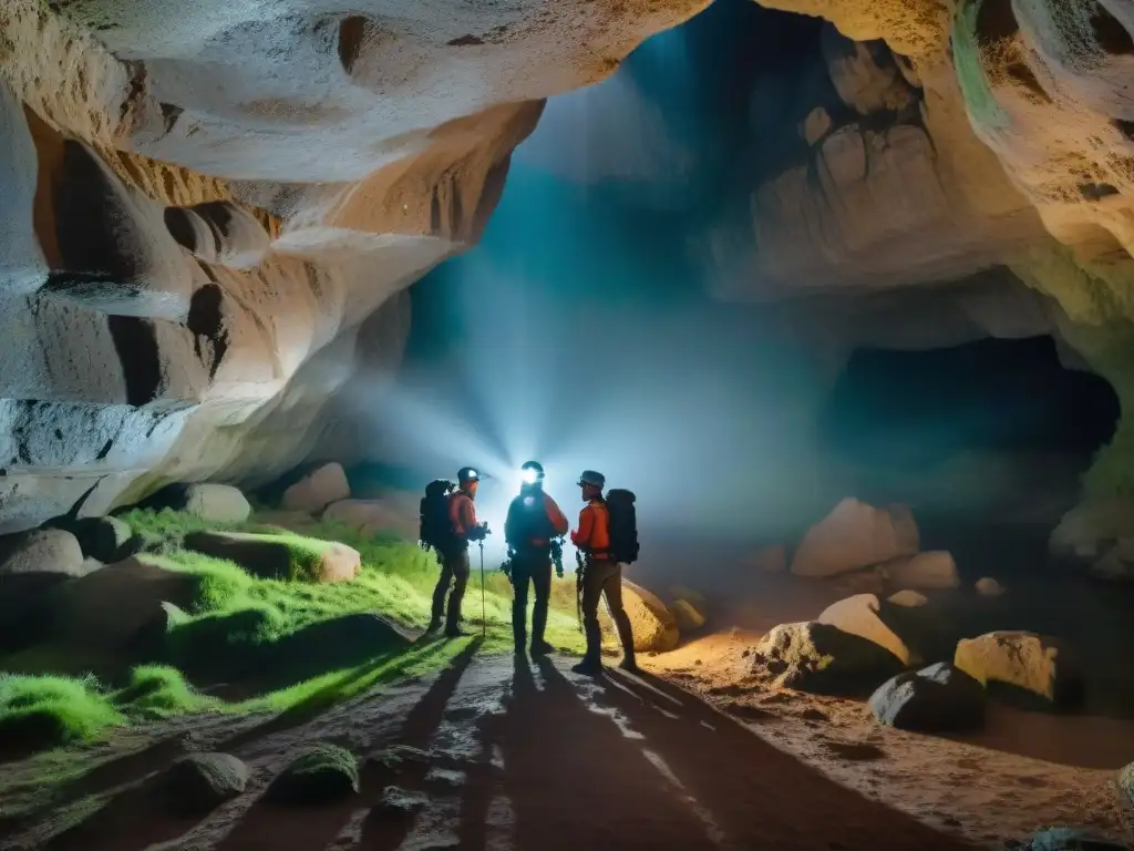 Exploradores con linternas exploran cueva en Uruguay, revelando belleza y peligro subterráneo